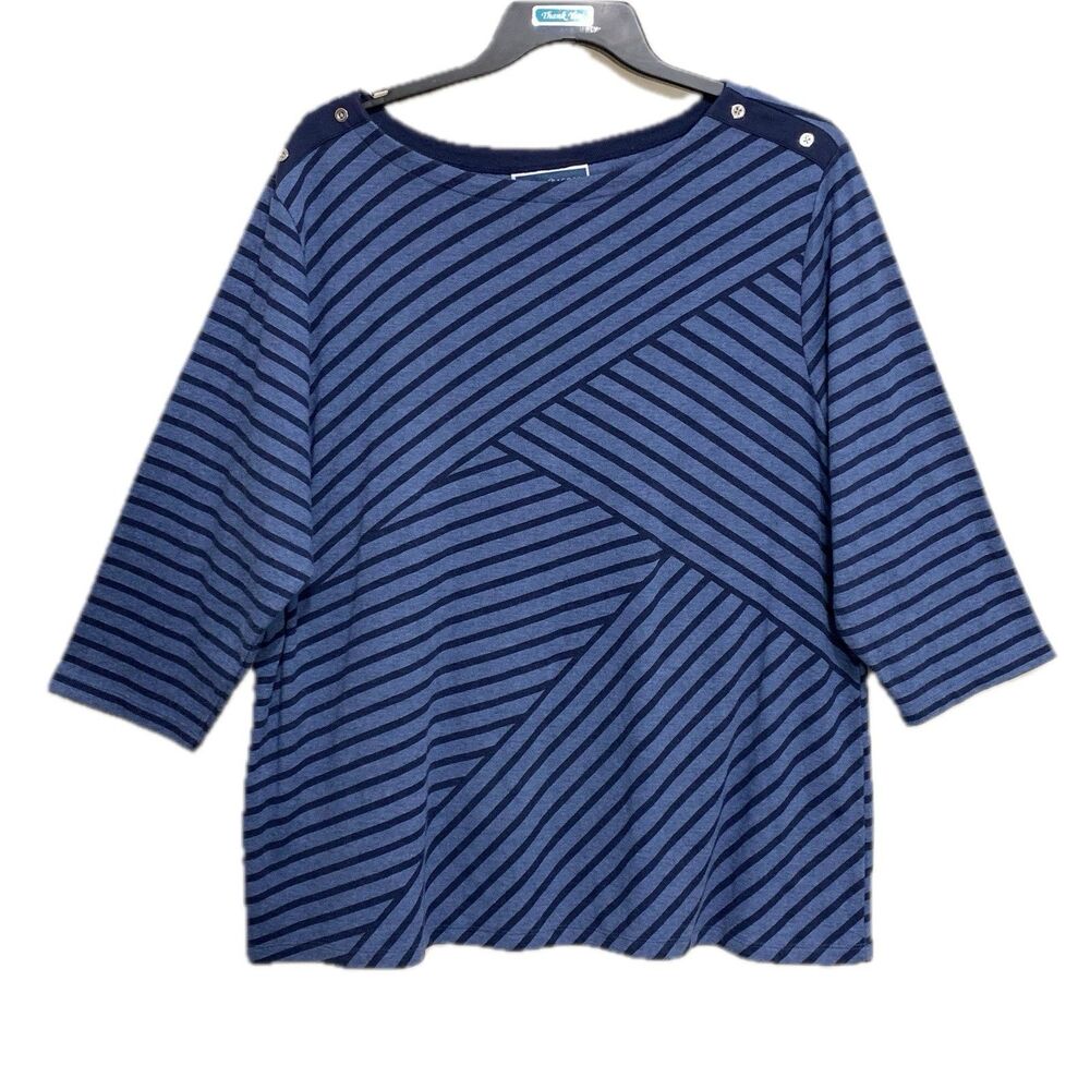Karen Scott Top Womens 4X Plus Blue Striped Knit Boat Neck 3/4 Sleeve